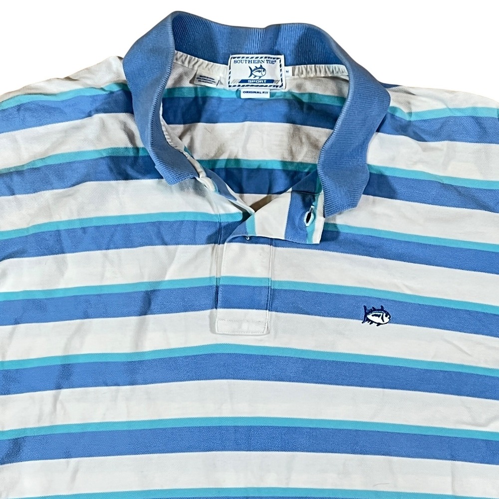 Southern Tide Polo Shirt Mens Medium Blue White Striped Pima Cotton Original Fit